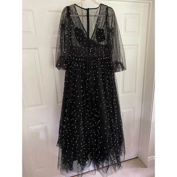 Mac Duggal Black Long Sheer Sleeve Draped Pearl Beaded Gown, Sz 12, NWT - Picture 3 of 8